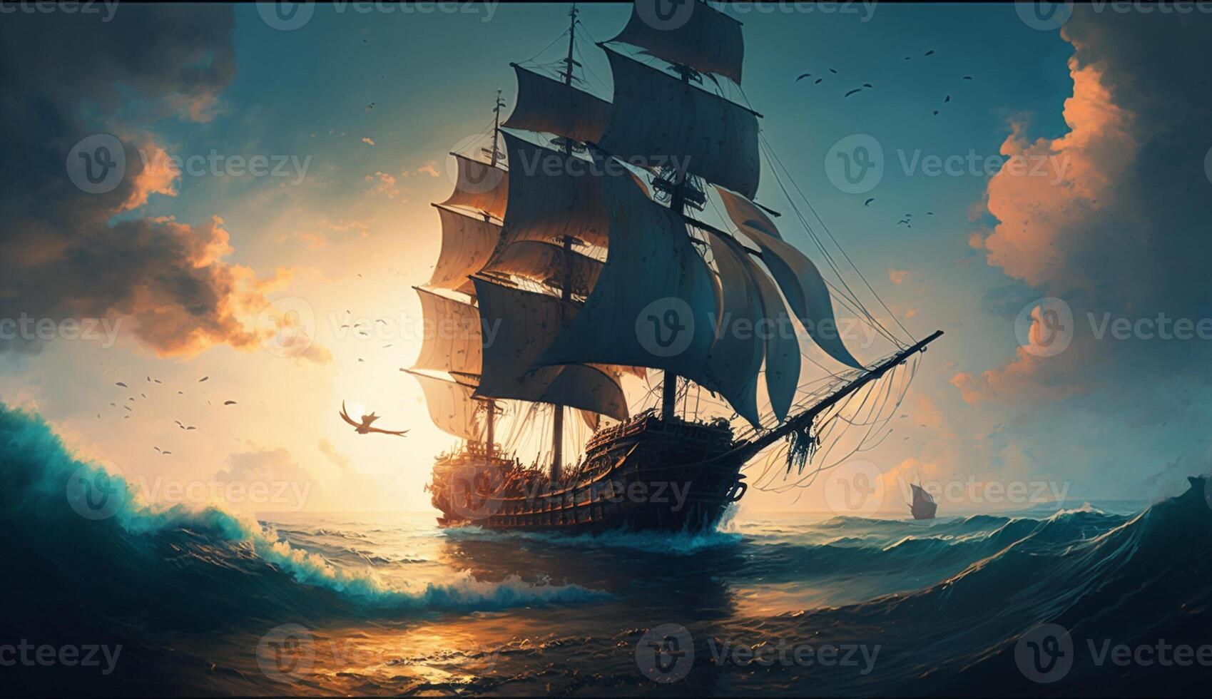 illustration of a classic pirate ship sailing the ocean in the late afternoon, photo