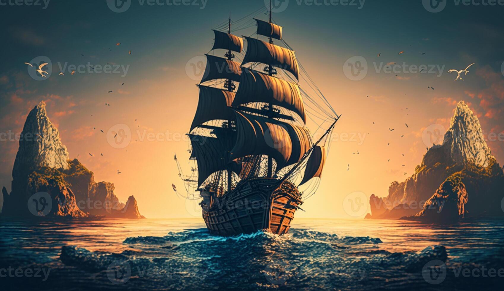 illustration of a classic pirate ship sailing the ocean in the late afternoon, photo