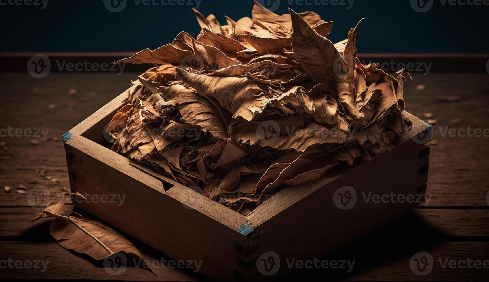 illustration of tobacco leaves in a wooden box, photo