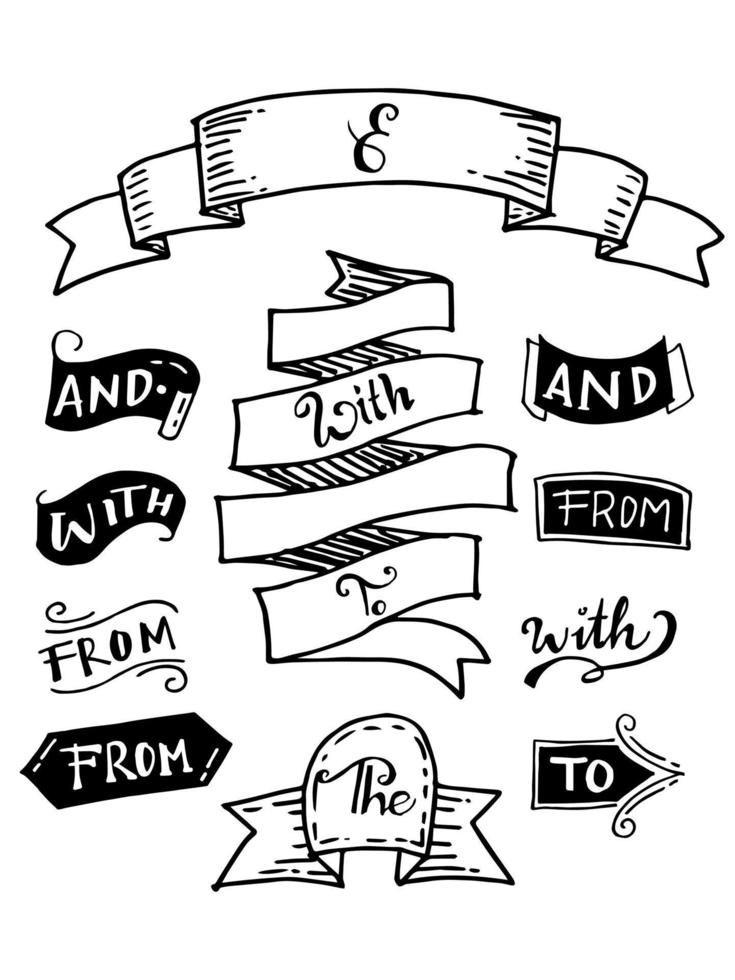 doodle ribbons set, badges, borders, banner, catchwords and ampersand . doodle vector illustration