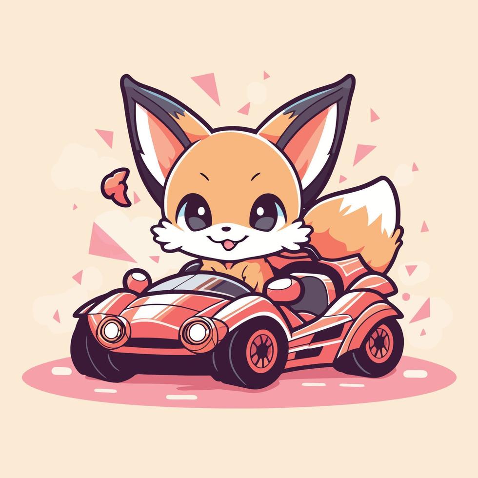 Fox racing car cartoon character with a funny expression. vector