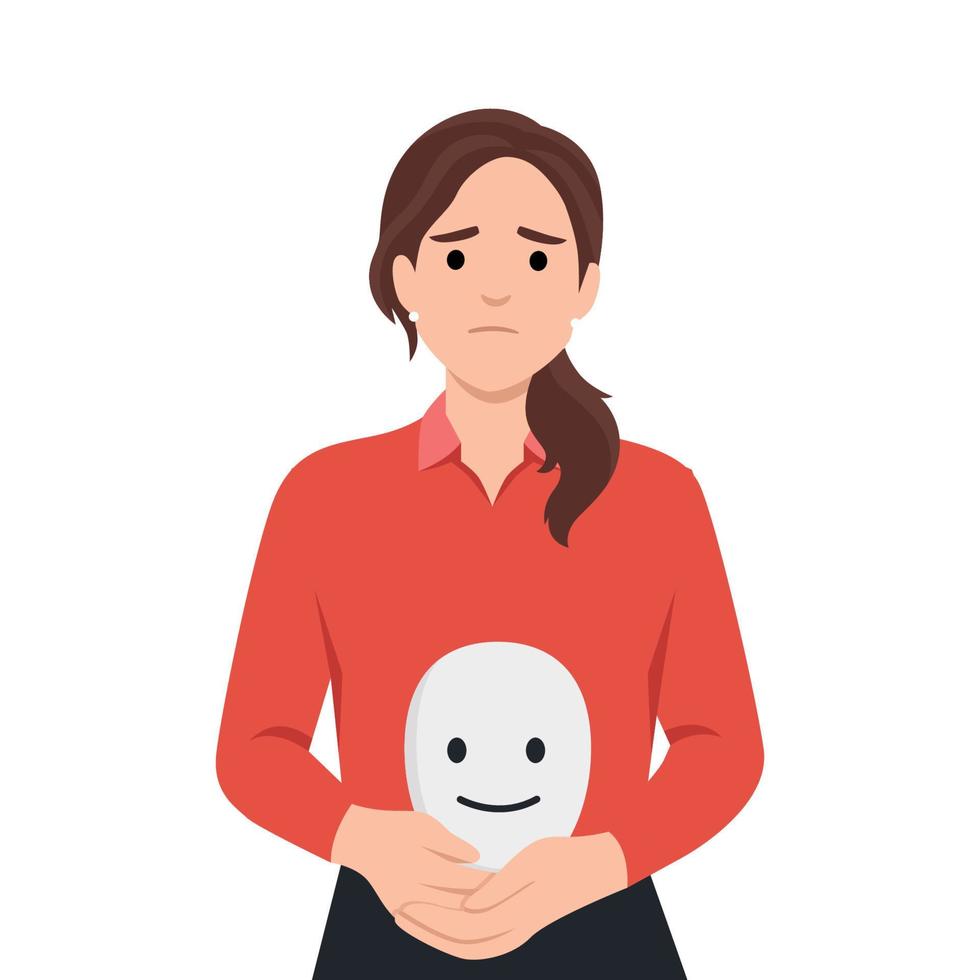 Emotion, personality, psychology, disguise concept. Depressed young woman cartoon characters standing holding positive masks on sticks over faces vector