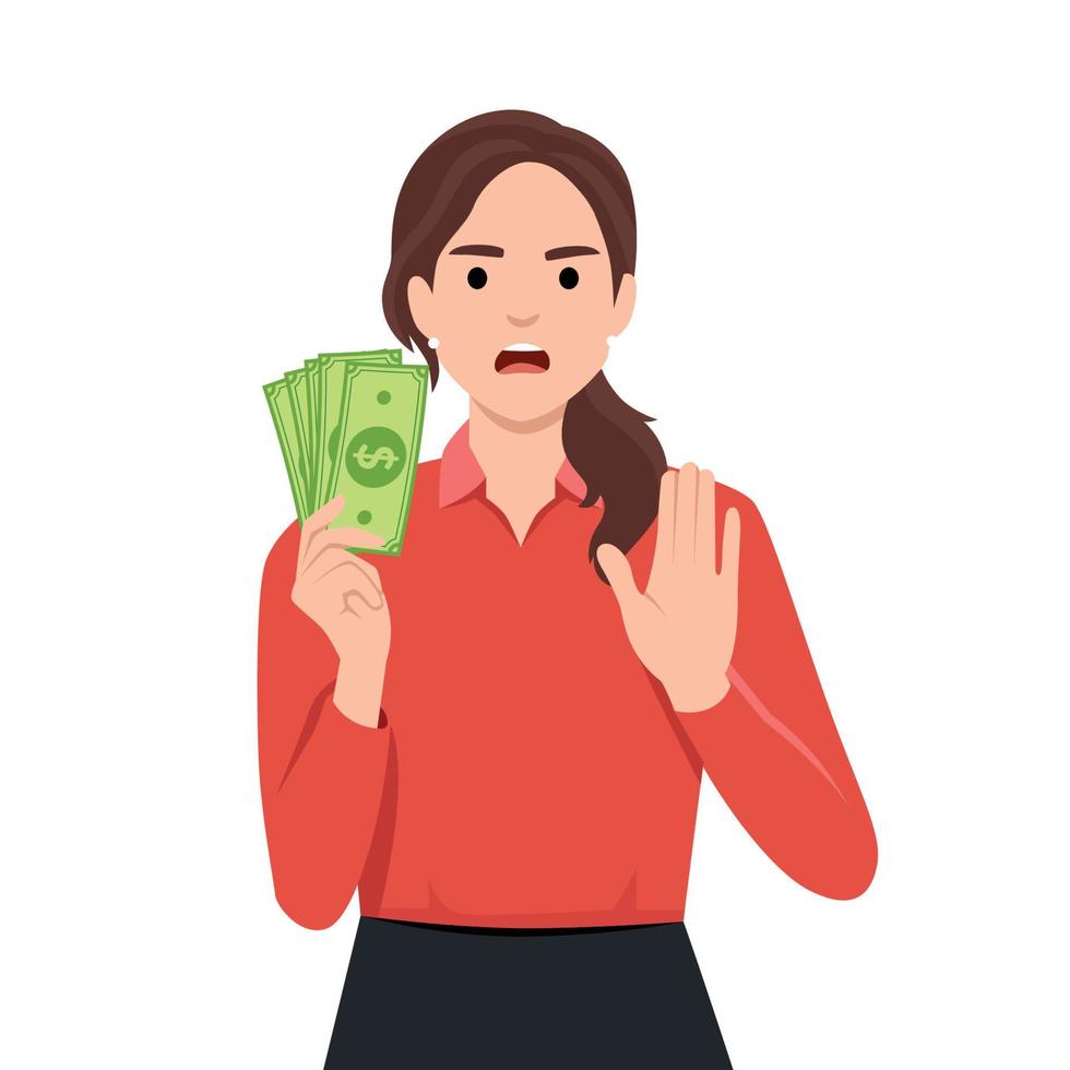 Woman with hand gesturing no or stop while holding money. No gamble or wrong investment vector