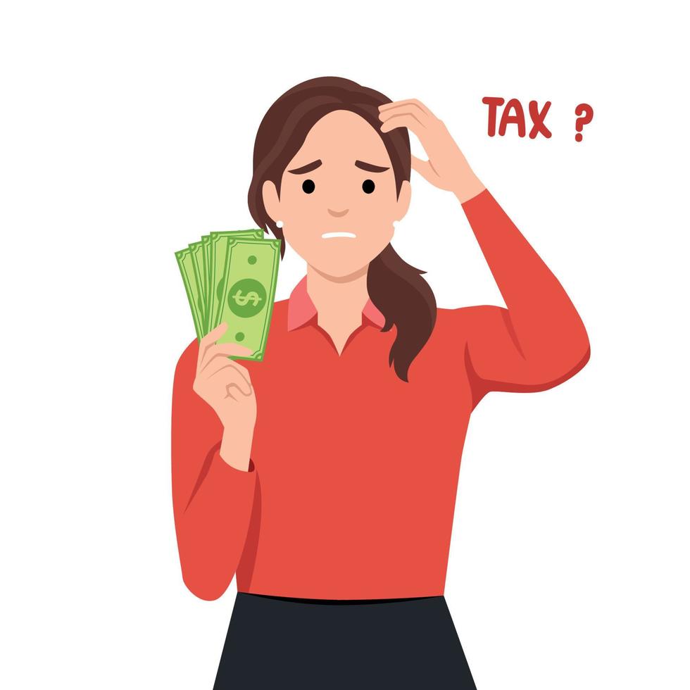 Businesswoman are confused with tax documents and how much she has to pay for tax. vector