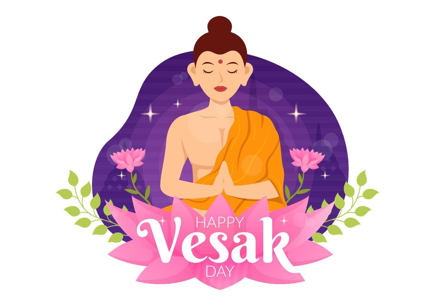 Vesak Day Celebration Vector Illustration with Temple Silhouette, Lotus Flower, Lantern or Buddha Person in Flat Cartoon Hand Drawn Templates