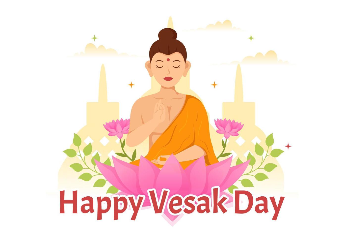 Vesak Day Celebration Vector Illustration with Temple Silhouette, Lotus Flower, Lantern or Buddha Person in Flat Cartoon Hand Drawn Templates