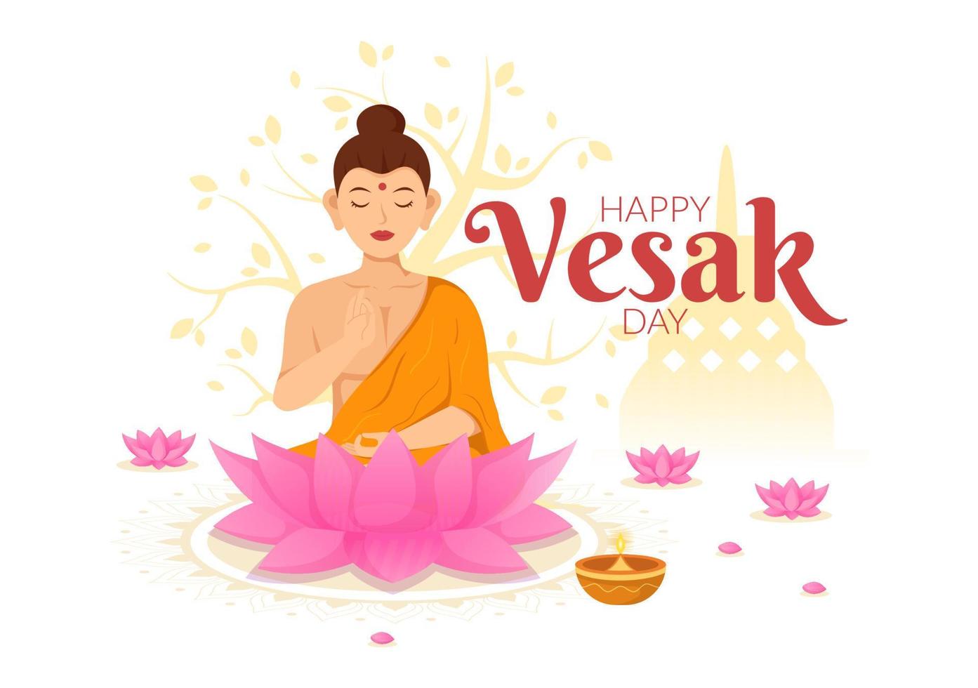 Vesak Day Celebration Vector Illustration with Temple Silhouette, Lotus Flower, Lantern or Buddha Person in Flat Cartoon Hand Drawn Templates