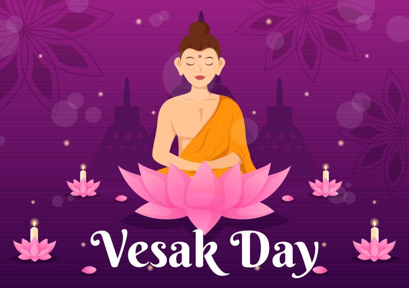 vesak día celebracion vector ilustración con templo silueta, loto flor, linterna o Buda persona en plano dibujos animados mano dibujado plantillas