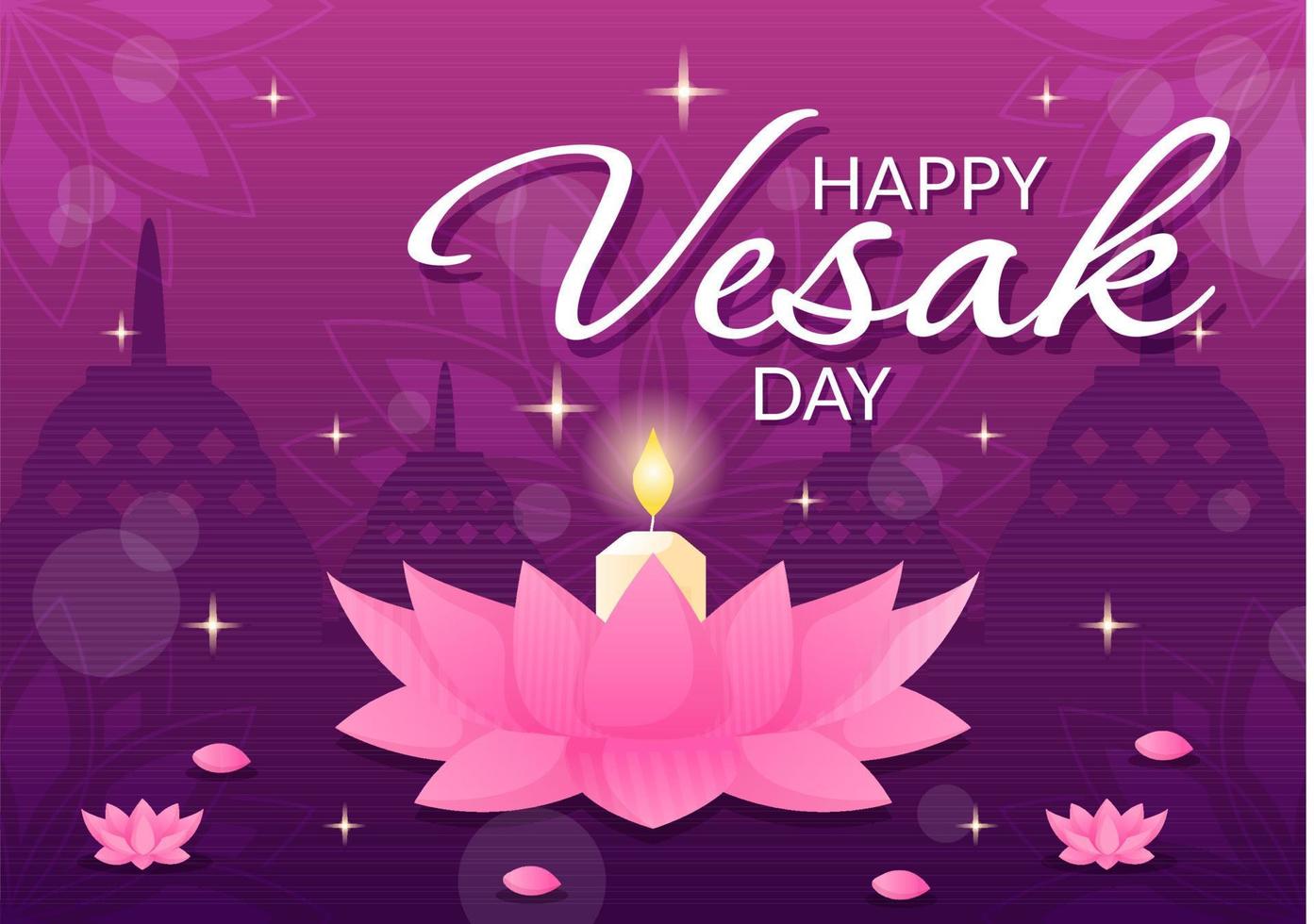 Vesak Day Celebration Vector Illustration with Temple Silhouette, Lotus Flower, Lantern or Buddha Person in Flat Cartoon Hand Drawn Templates