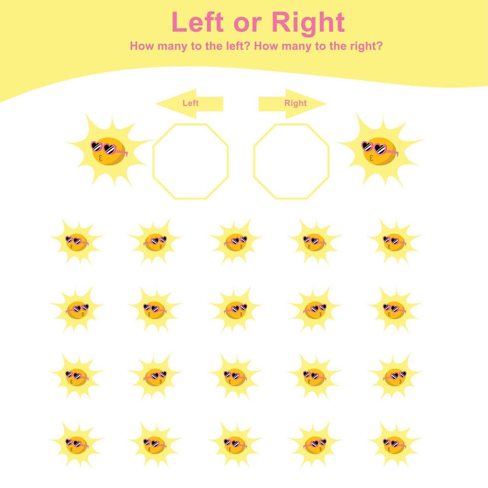 Mathematic activity page. Calculate and write the result. Left or Right worksheet for Children. Educational printable math. Vector file.