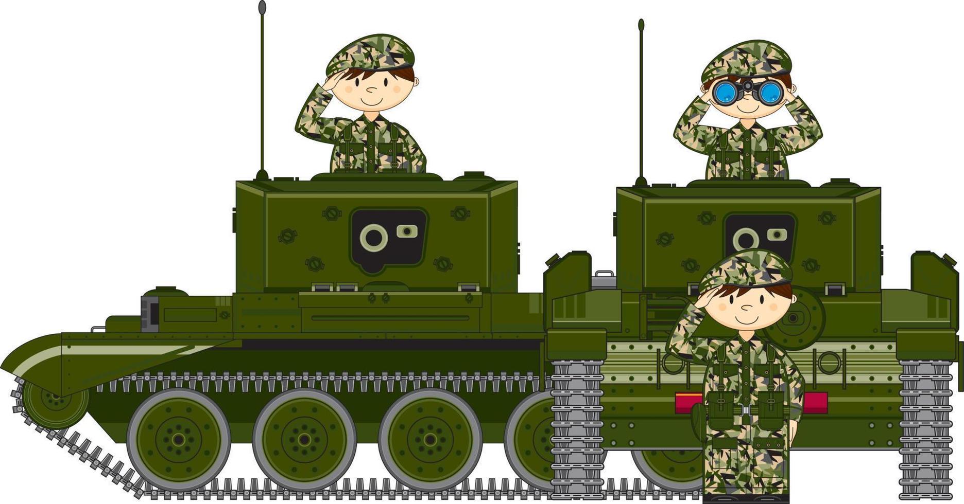 Cute Cartoon Army Soldiers and Tanks Military History Illustration vector