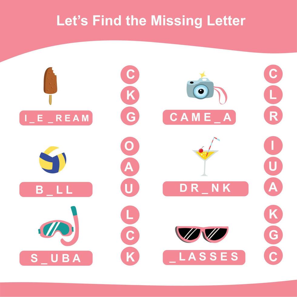 Missing Letters. Writing activity for children. Printable worksheet. Vector file