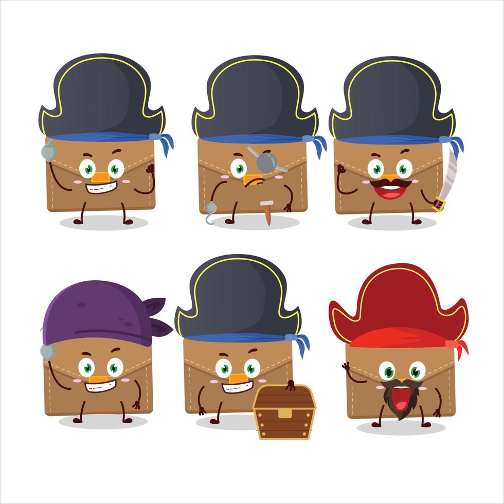 Cartoon character of brown suitcase with various pirates emoticons vector