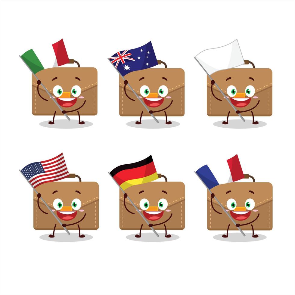 Brown suitcase cartoon character bring the flags of various countries vector