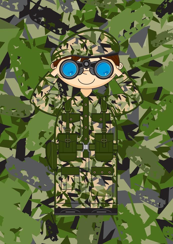 Cartoon Army Soldier with Binoculars on Camo Background Military History Illustration vector
