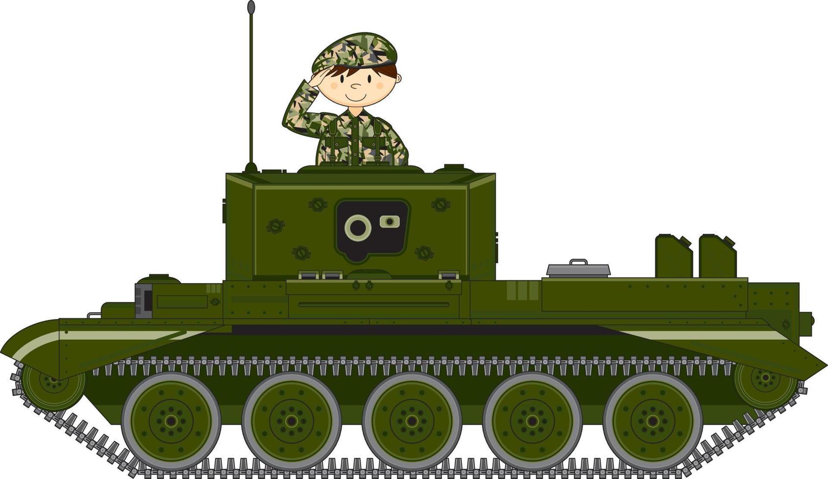 Cute Cartoon Army Soldier in Armoured Tank Military History Illustration vector