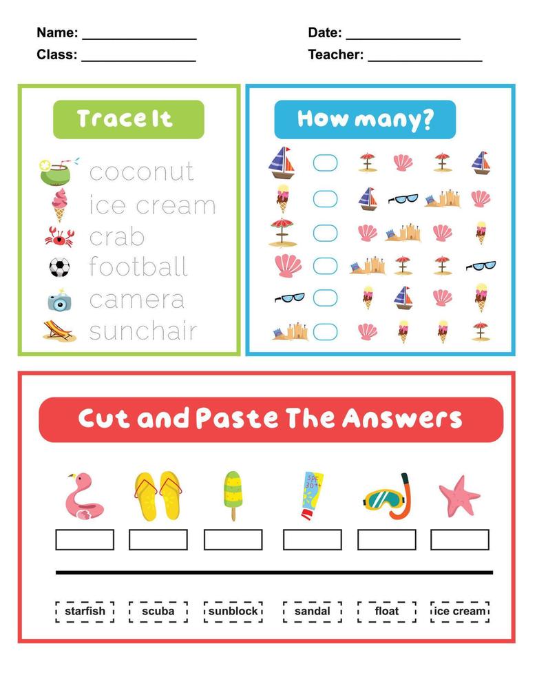 3 in 1 printable activity sheet for children. Activity sheet for children. Educational printable worksheet. Summer worksheet theme. vector