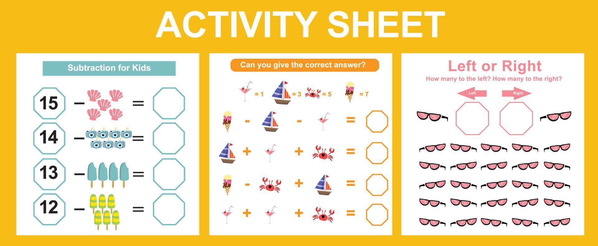 3 in 1 printable activity sheet for children. Activity sheet for children. Educational printable worksheet. Summer worksheet theme. vector