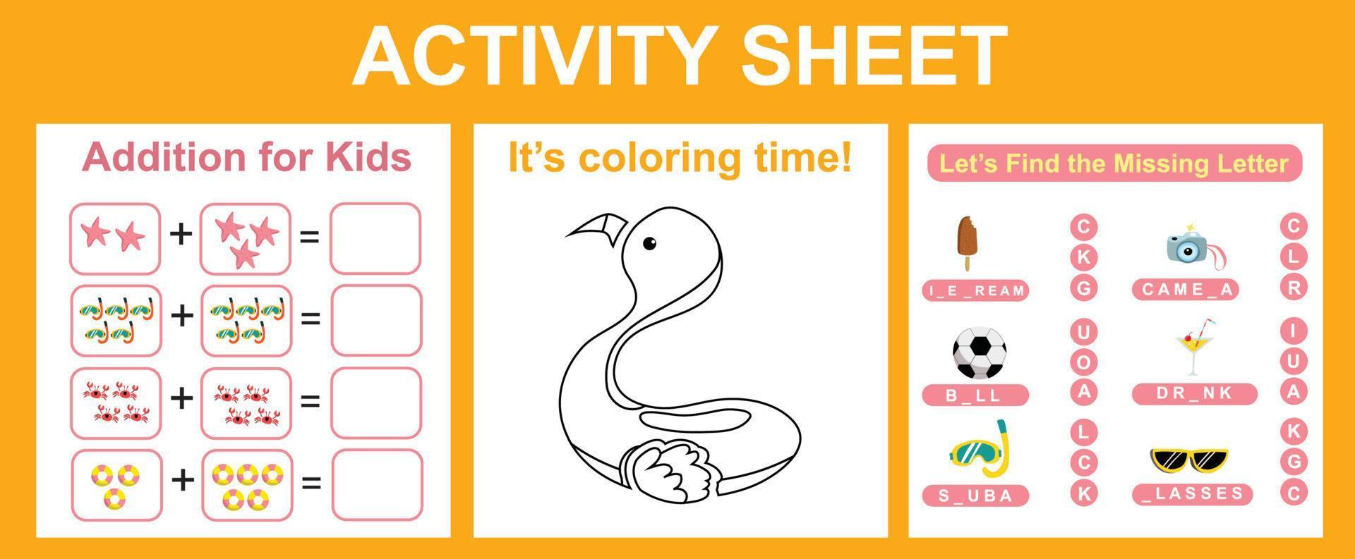 3 in 1 printable activity sheet for children. Activity sheet for children. Educational printable worksheet. Summer worksheet theme. vector