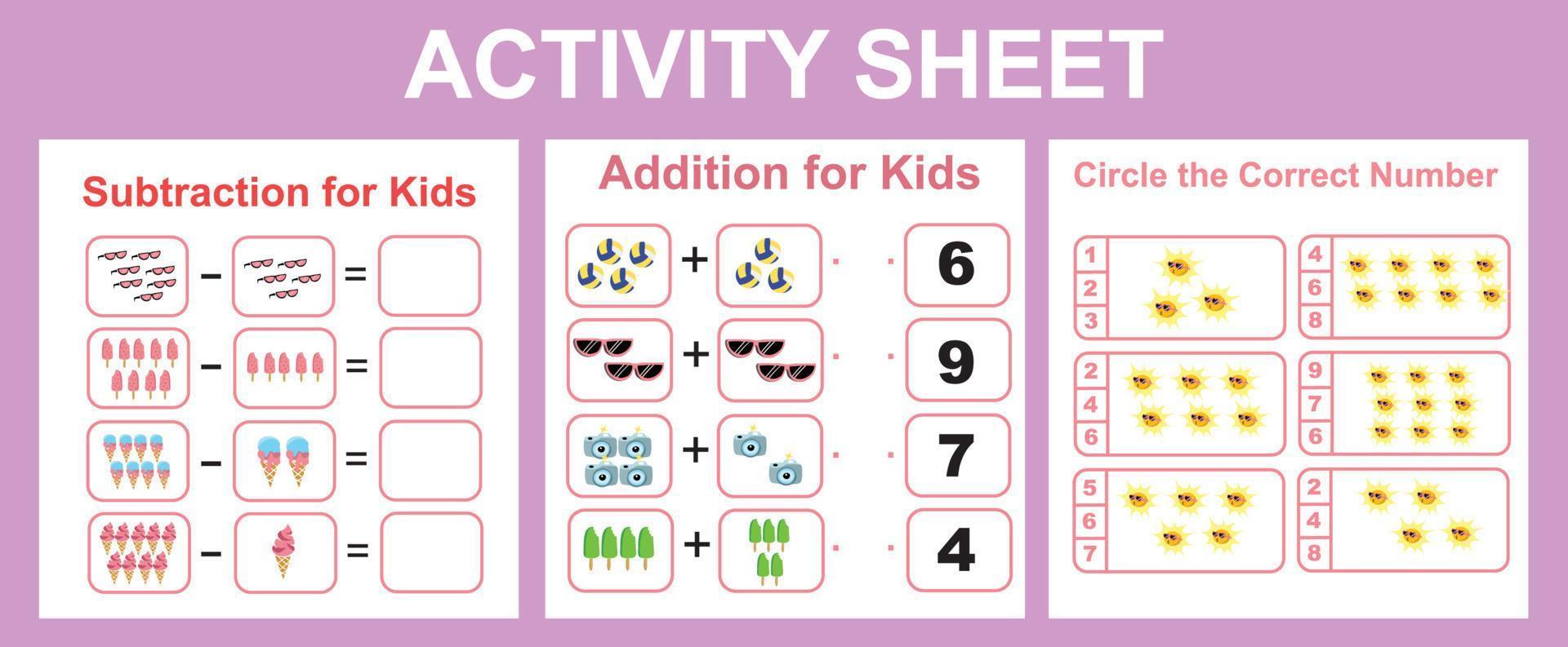 3 in 1 printable activity sheet for children. Activity sheet for children. Educational printable worksheet. Summer worksheet theme. vector