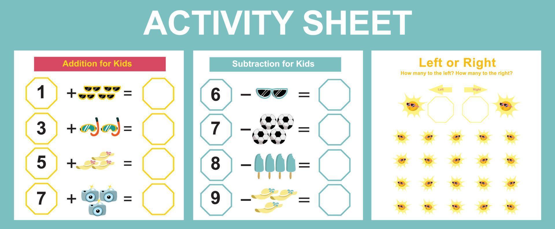 3 in 1 printable activity sheet for children. Activity sheet for children. Educational printable worksheet. Summer worksheet theme. vector