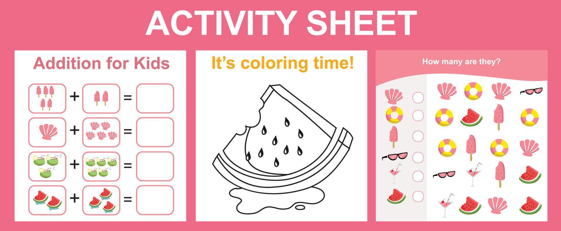 3 in 1 printable activity sheet for children. Activity sheet for children. Educational printable worksheet. Summer worksheet theme. vector