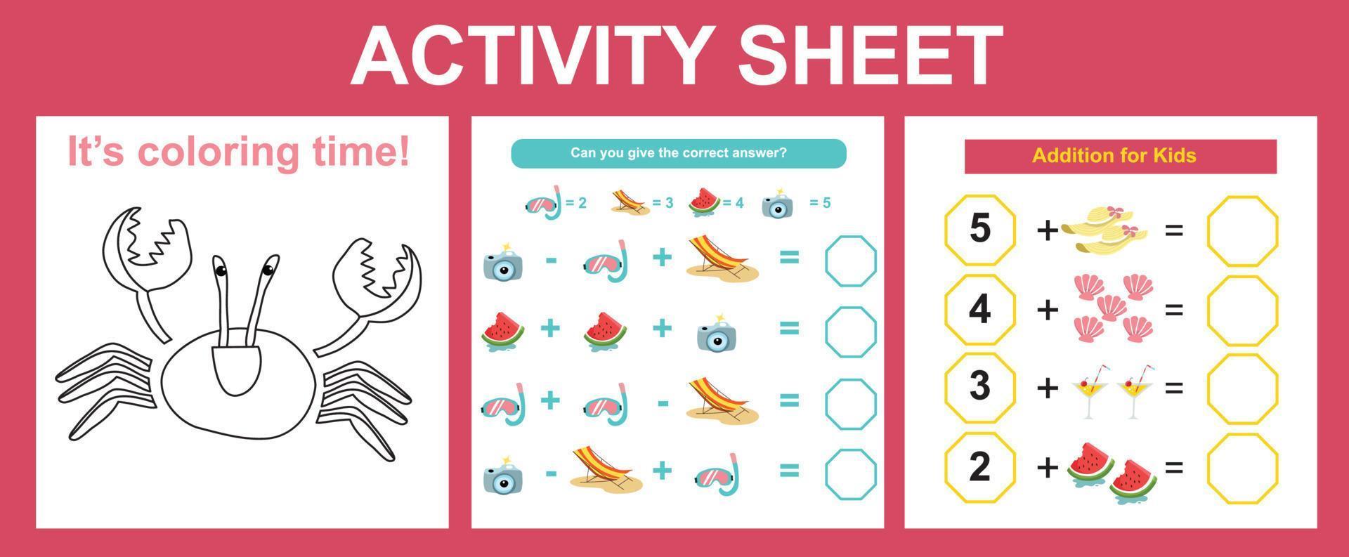 3 in 1 printable activity sheet for children. Activity sheet for children. Educational printable worksheet. Summer worksheet theme. vector