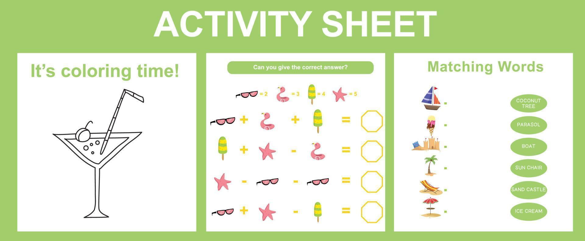 3 in 1 printable activity sheet for children. Activity sheet for children. Educational printable worksheet. Summer worksheet theme. vector