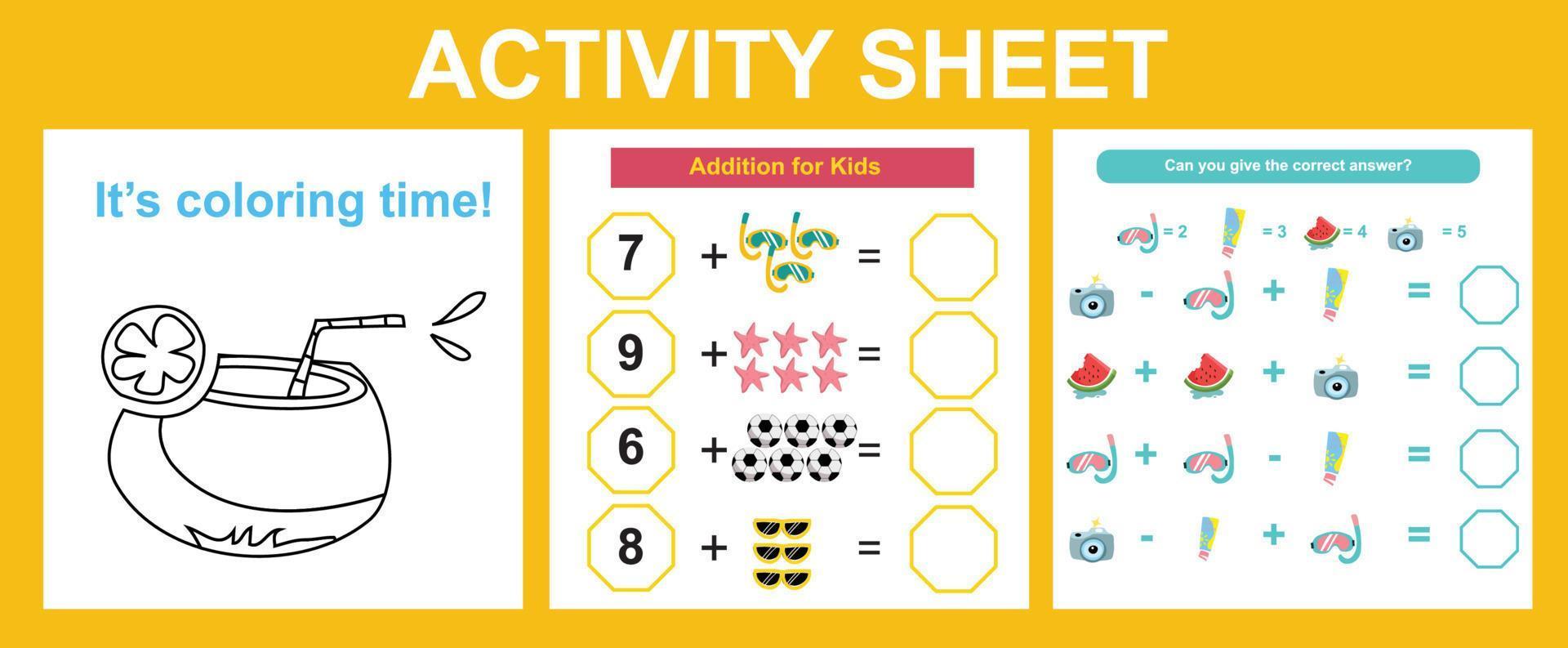 3 in 1 printable activity sheet for children. Activity sheet for children. Educational printable worksheet. Summer worksheet theme. vector