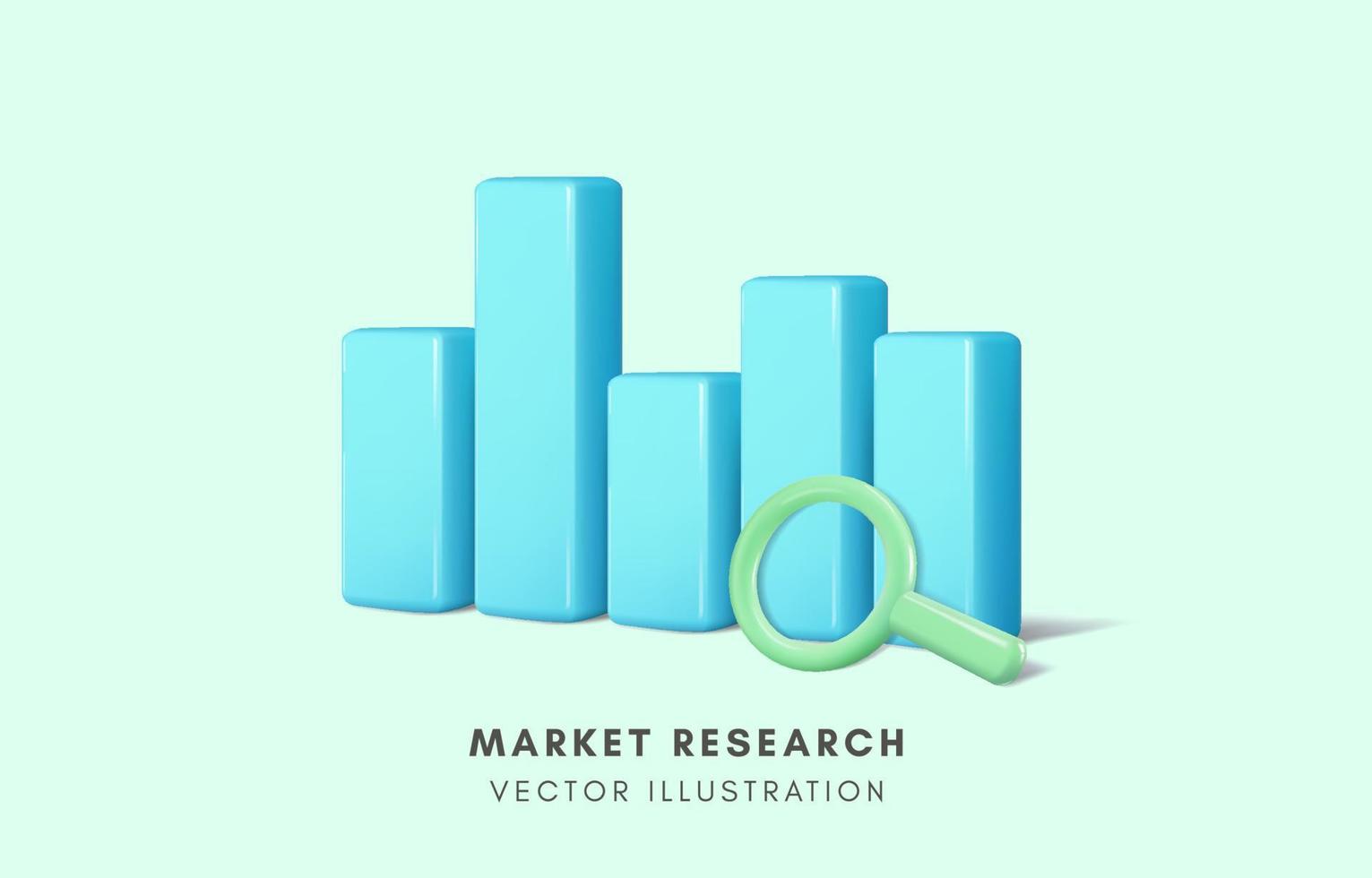3D bar graph and magnifying glass, market research, business data analysis concept, Vector illustration.