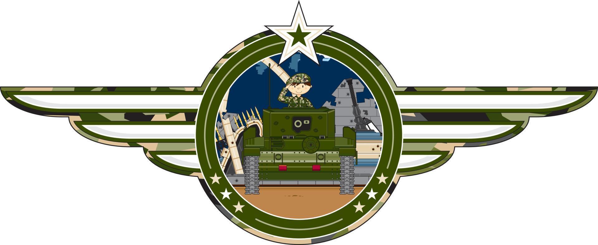 Cute Cartoon Army Soldier in Armoured Tank Military History Illustration vector