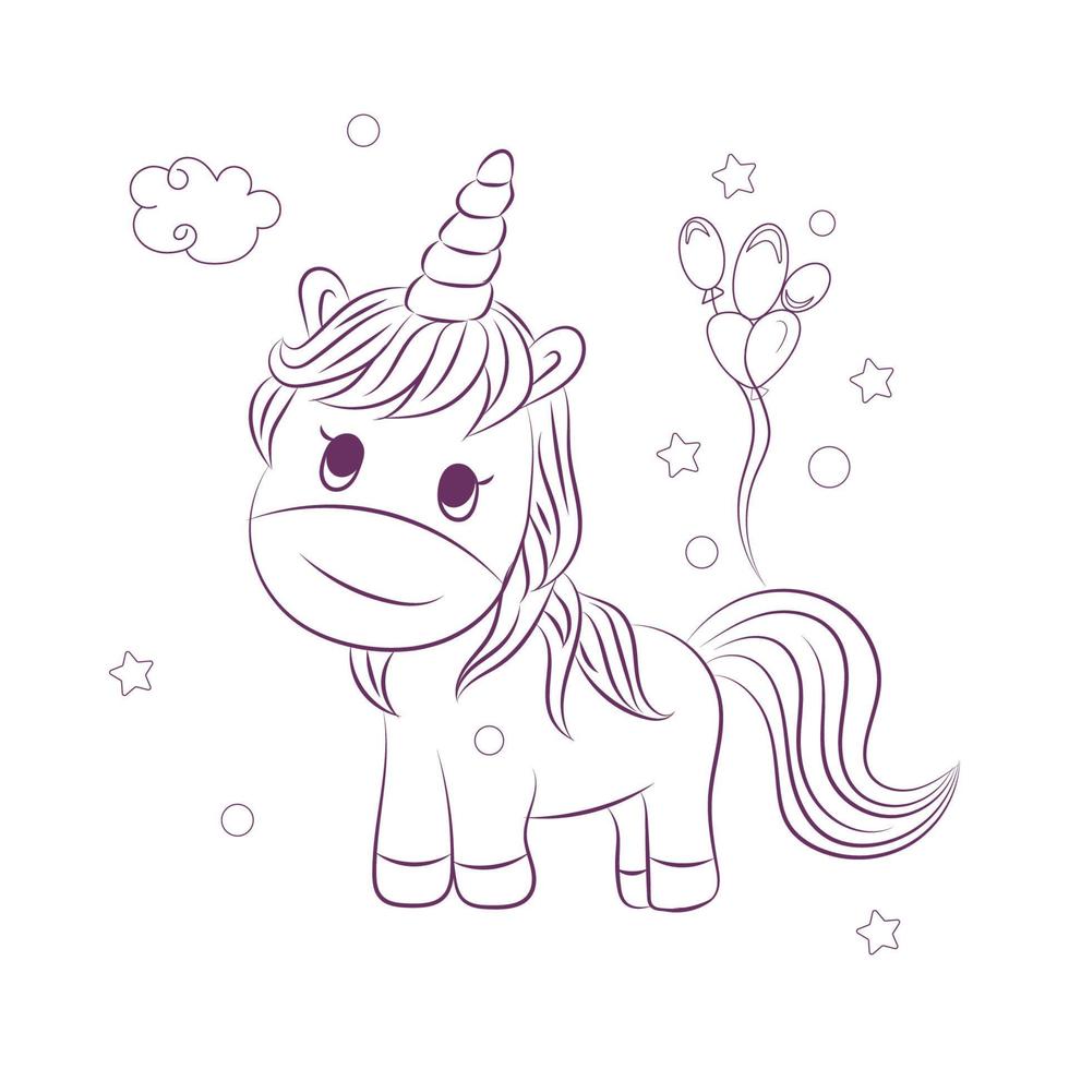 Line art unicorn kids illustration for  Children coloring book page vector