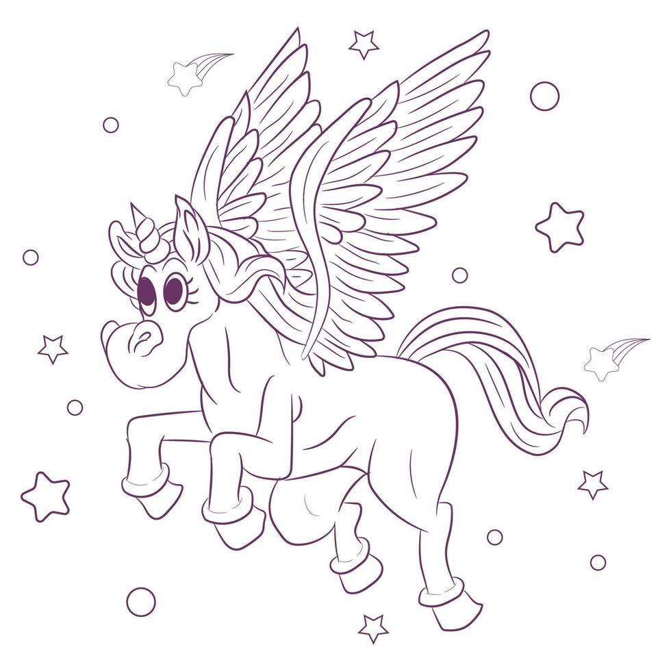 Line art unicorn kids illustration for  Children coloring book page vector