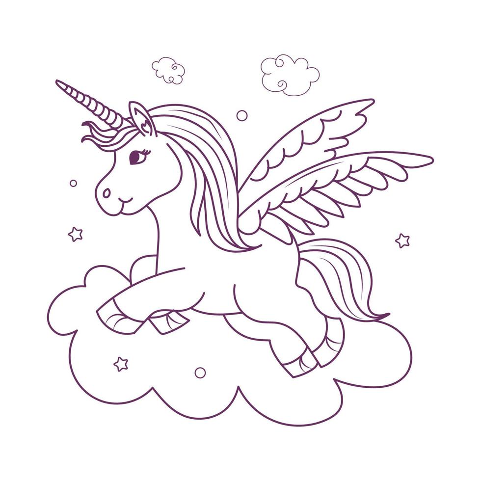 Line art unicorn kids illustration for  Children coloring book page vector