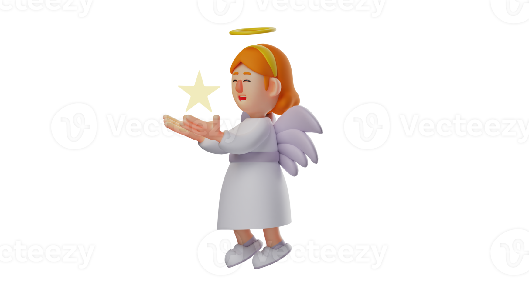 3D illustration. Amazing Angel 3D Cartoon Character. The charming angel watched the shining star she was carrying. Beautiful angel feeling happy with her life. 3D cartoon character png