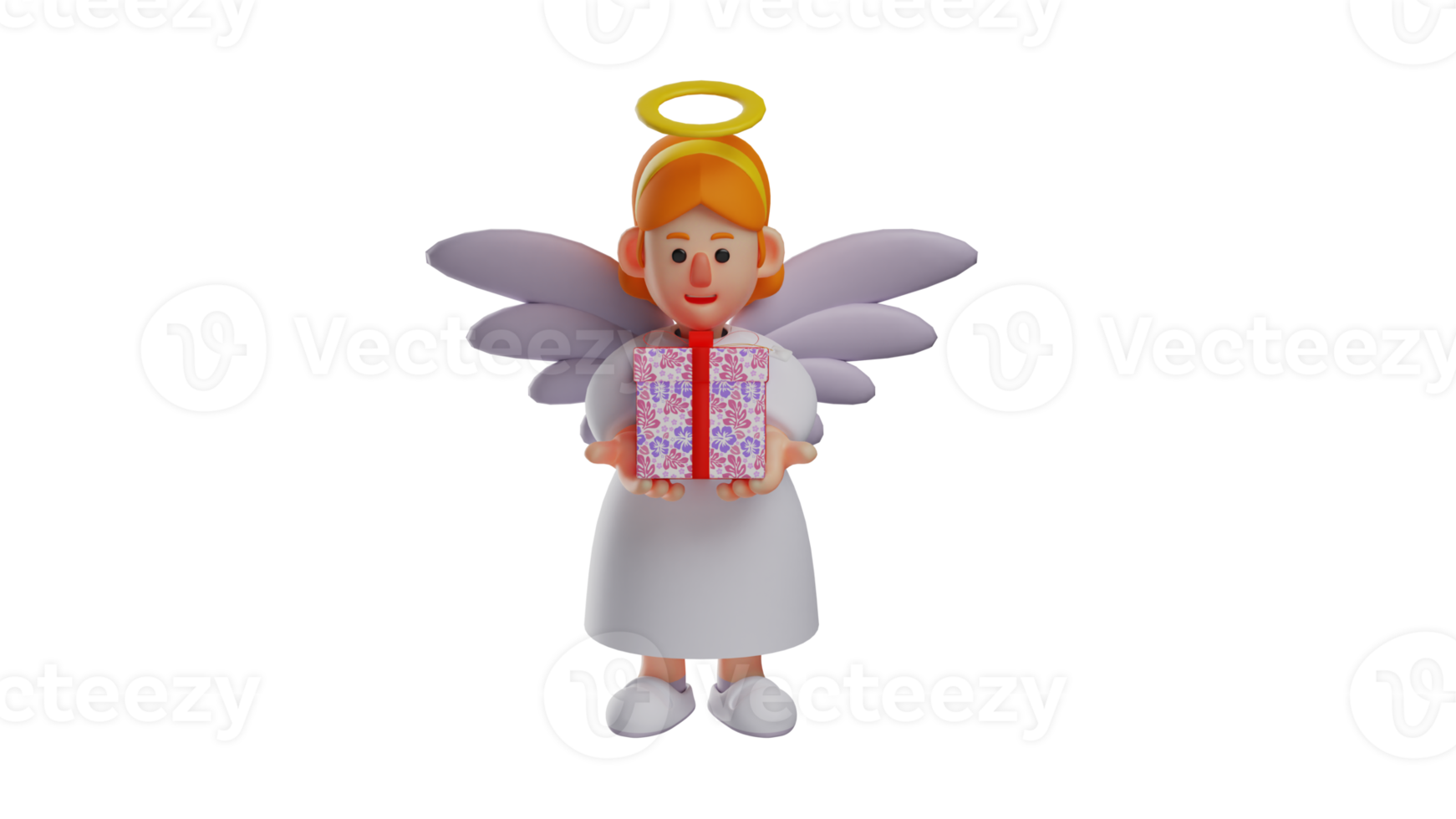 3D illustration. Good Angel 3D Cartoon Character. Romantic Angel carrying a gift box. Beautiful angel looks at the gift she got. Angel is feeling happy. 3D cartoon character png