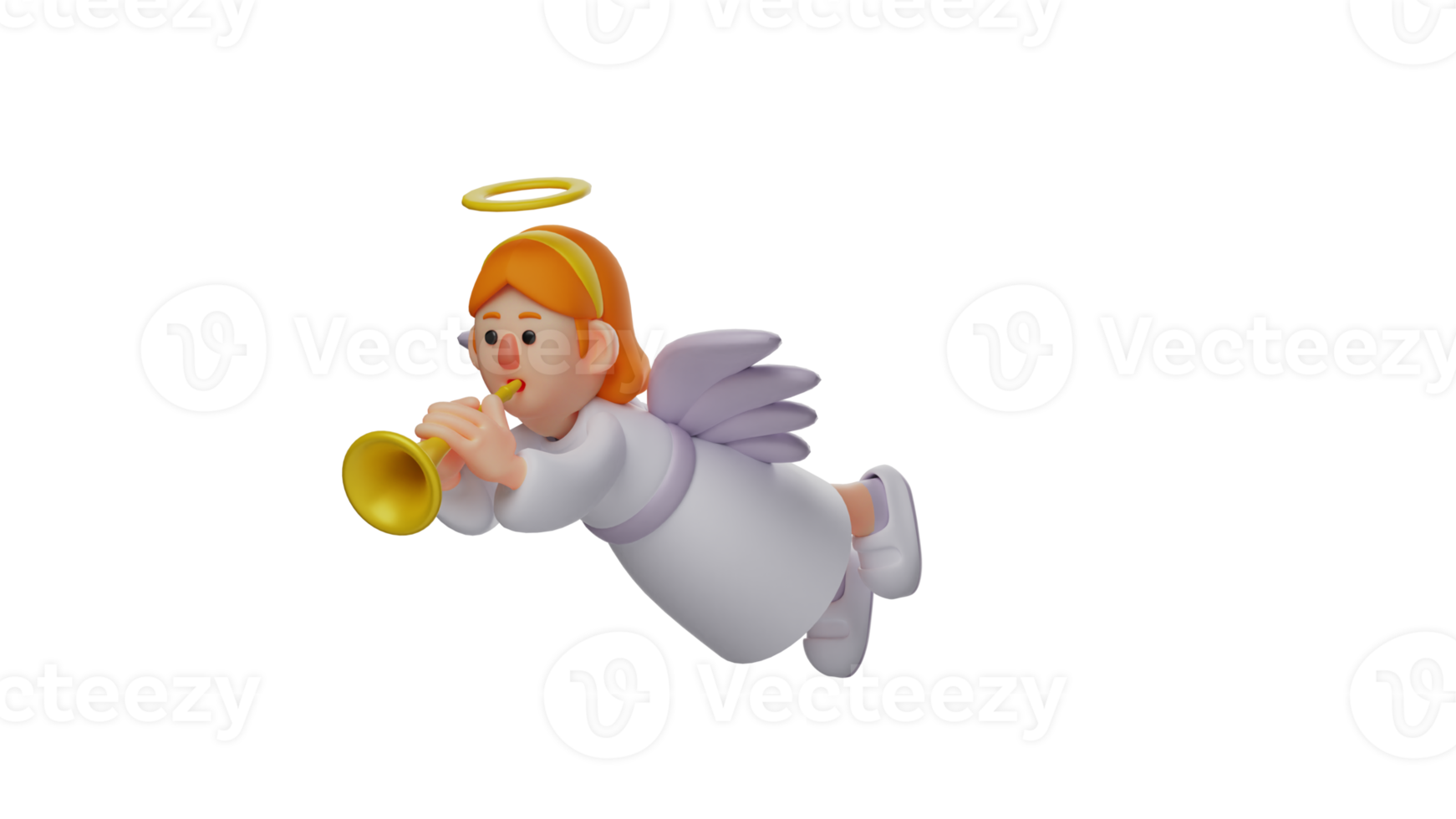 3D illustration. Little Angel 3D Cartoon Character. Beautiful angel is flying in the sky. The angel was blowing the yellow trumpet she was playing with. 3D cartoon character png