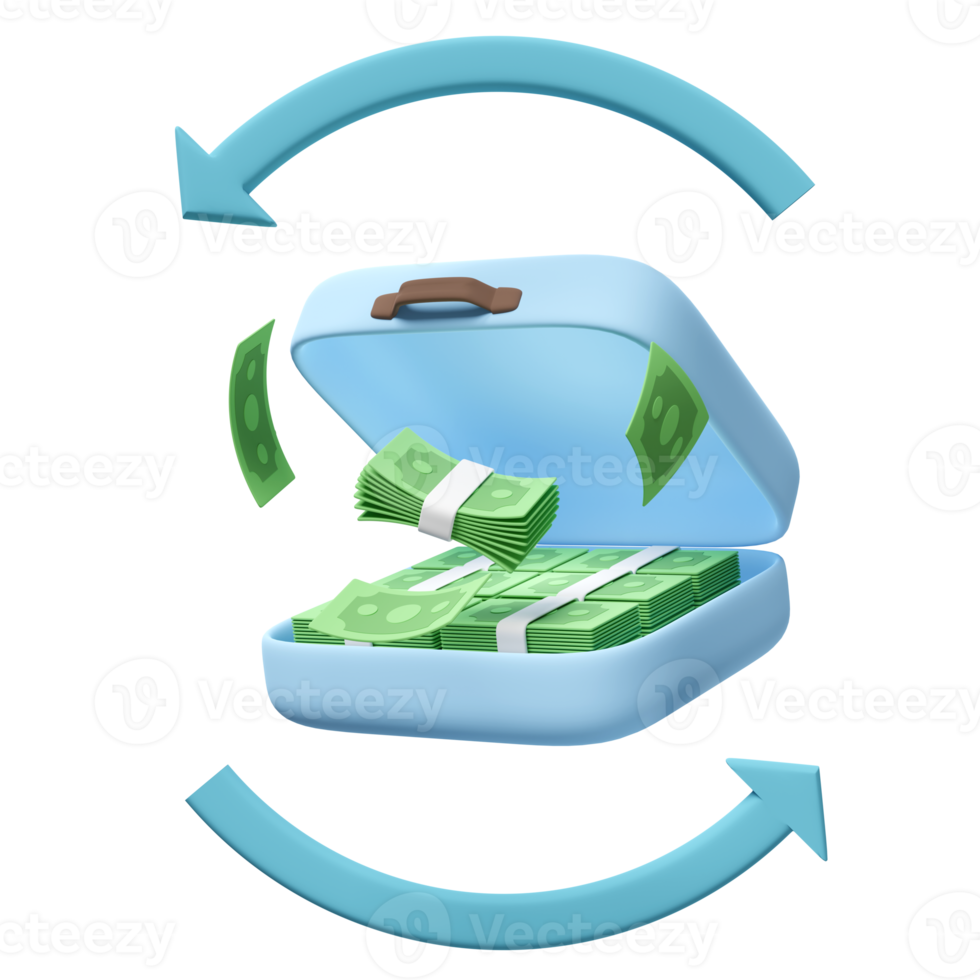 3d stapel dollar bankbiljet in blauw koffer geïsoleerd. overdracht pijlen, geld terug, besparing geld rijkdom bedrijf, cashback geld terugbetaling concept, 3d geven illustratie png