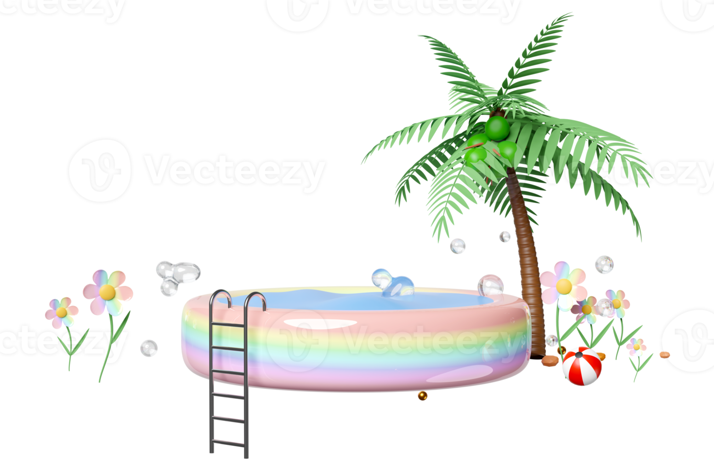 3d inflatable pool with palm tree, beach ball isolated. summer decorate concept, 3d render illustration png