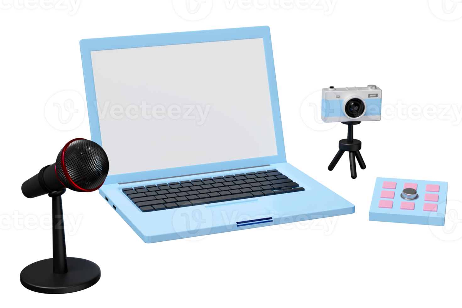 online video live streaming, 3d blank screen laptop computer on table with keypad, microphone, camera isolated. seo, communication applications, notification message, 3d render png