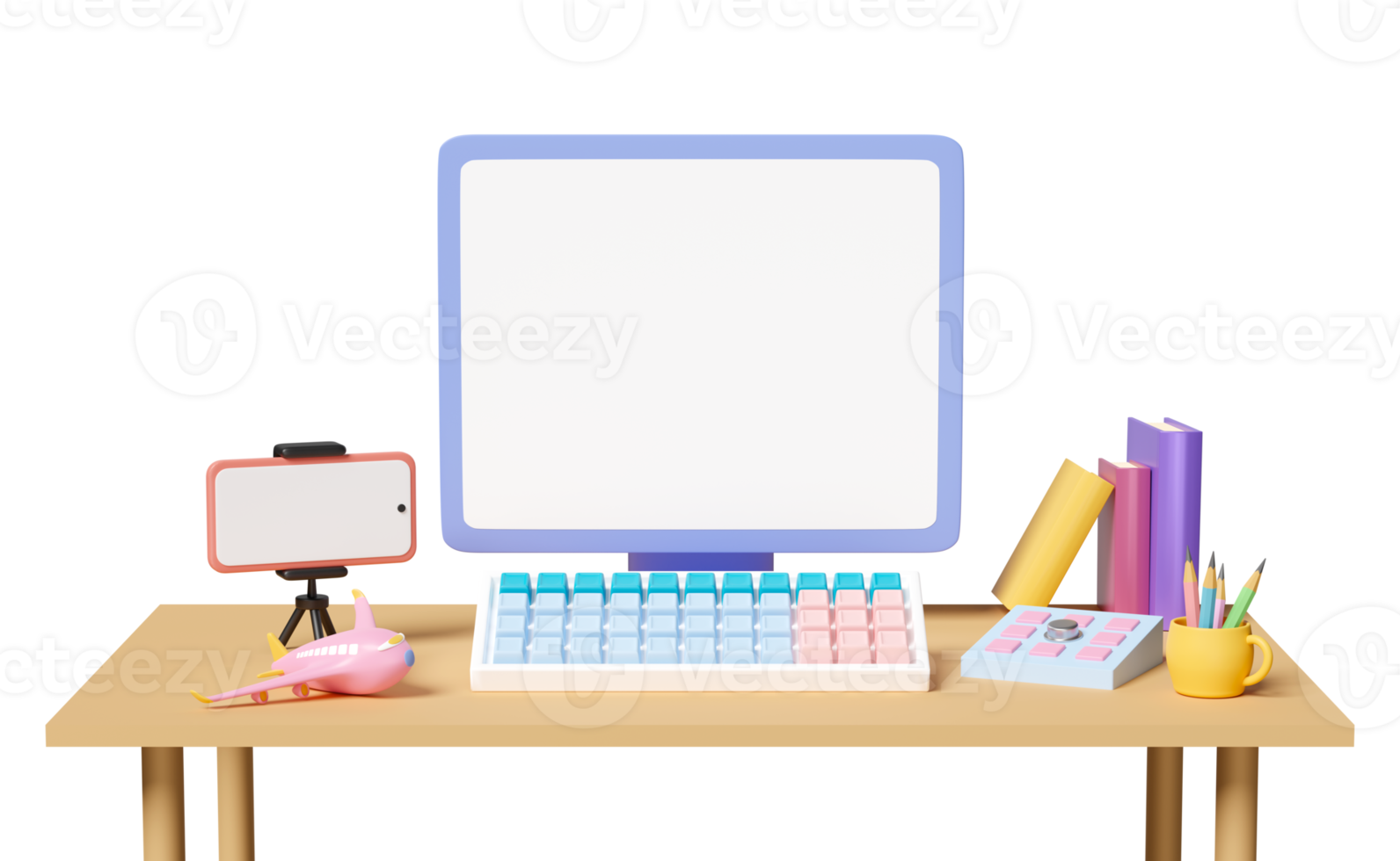 3d laptop computer on table with blank screen, keypad, mobile phone, smartphone in room. online video live streaming, communication applications, notification message, 3d render png