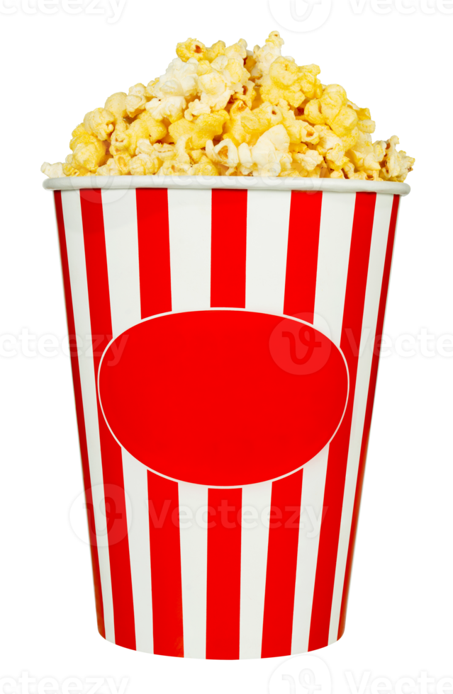 Cheese popcorn in red and white striped bucket isolated on white background with clipping path png