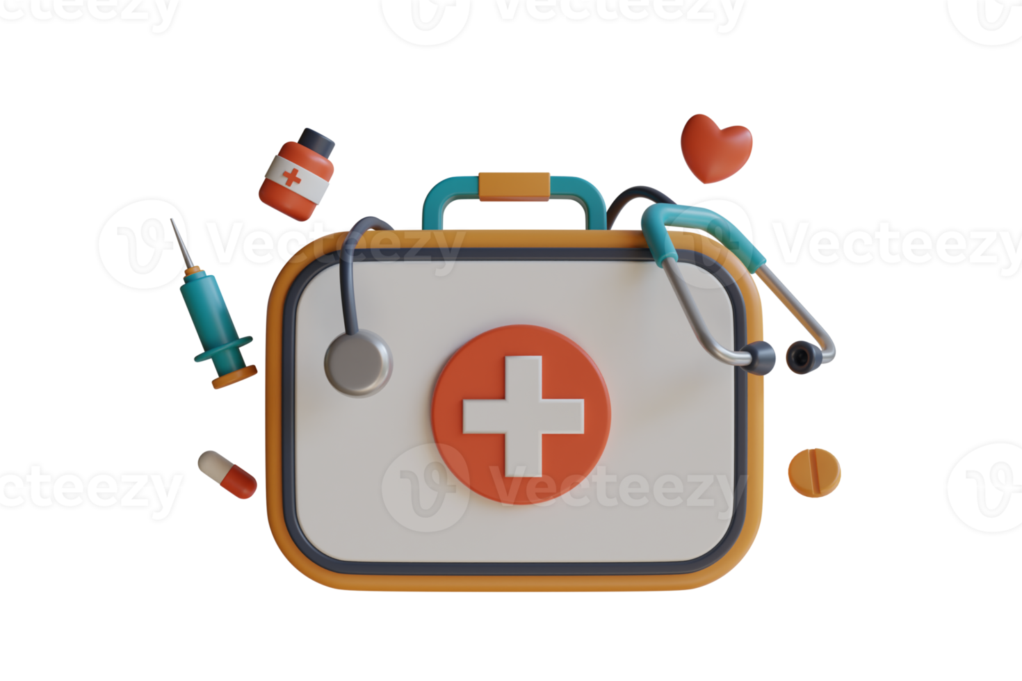 3D Illustration of first aid kit bag. first aid kit with drugs,syringe, pill box, stethoscope, and vaccine. 3D Illustration png