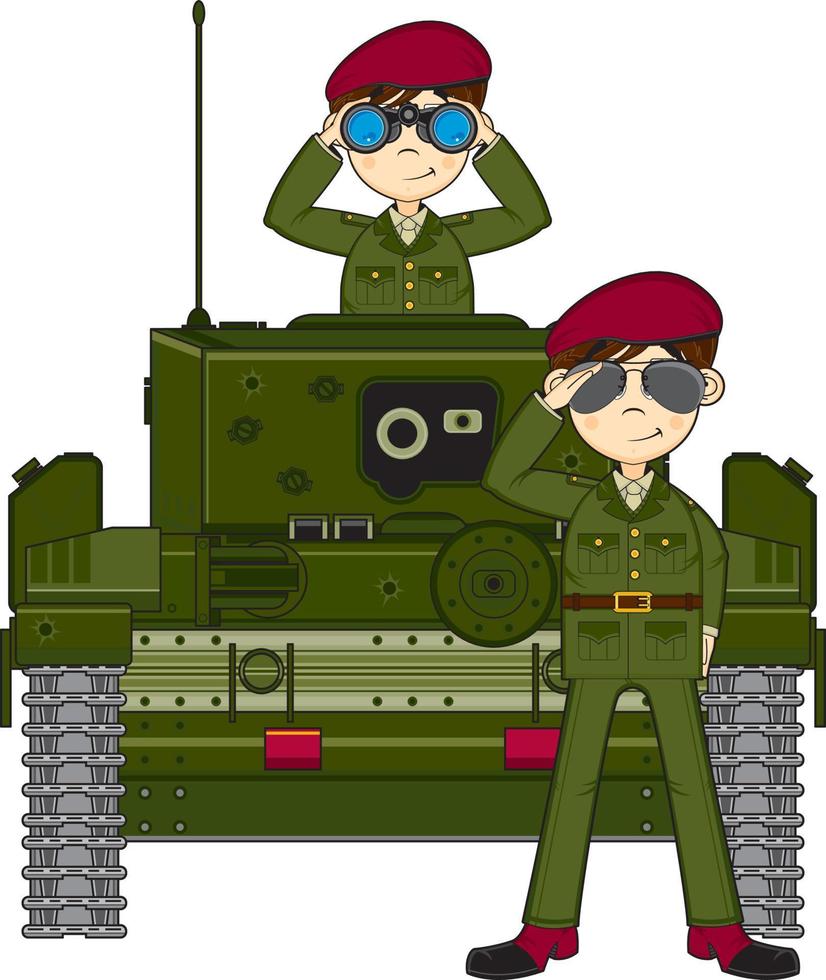 Cute Cartoon Army Soldiers and Armoured Tank Military History Illustration vector