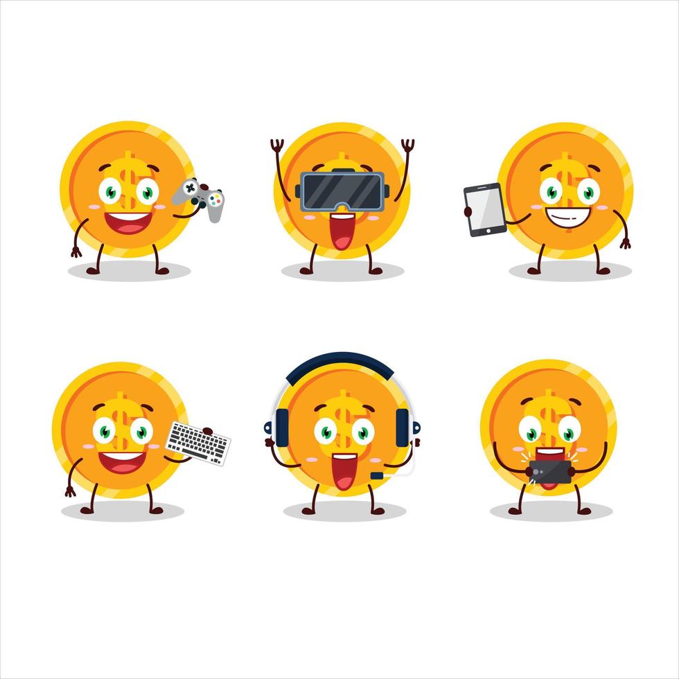 Coin cartoon character are playing games with various cute emoticons vector