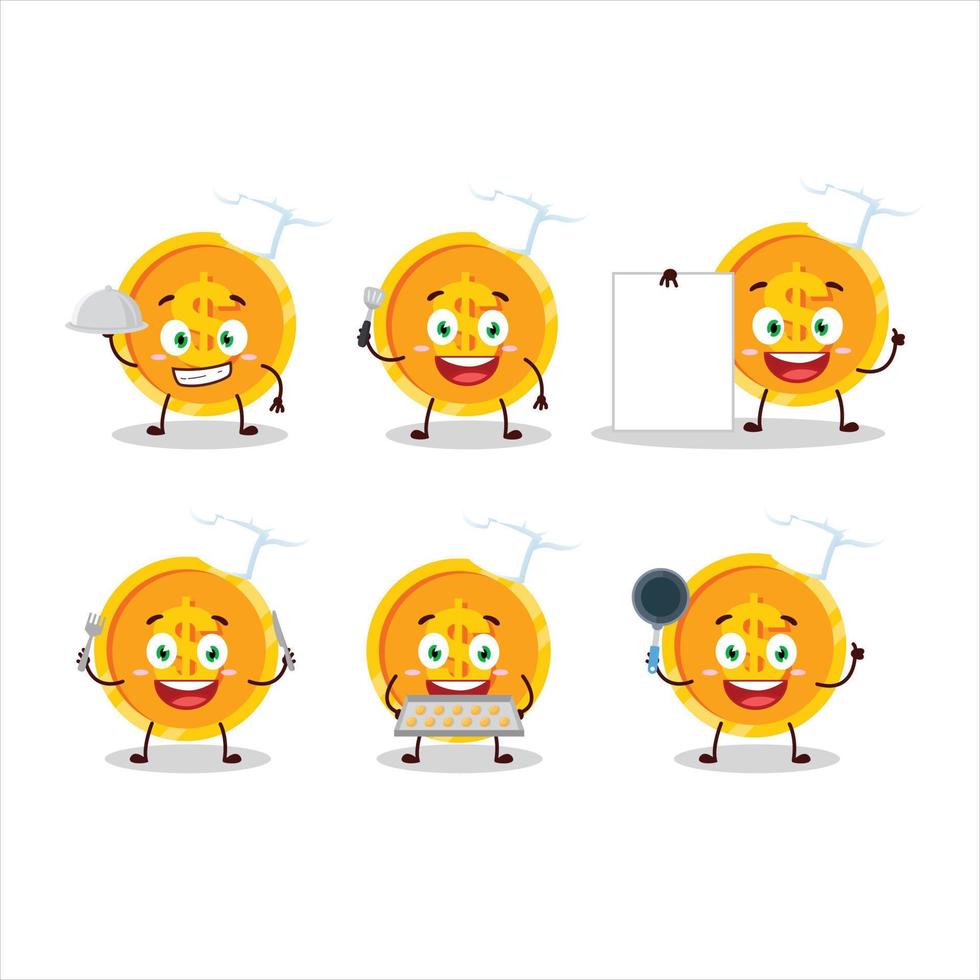 Cartoon character of coin with various chef emoticons vector