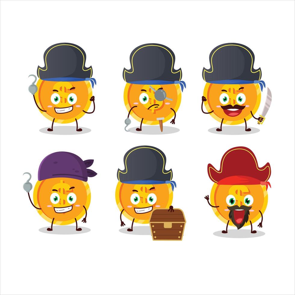 dibujos animados personaje de moneda con varios piratas emoticones vector