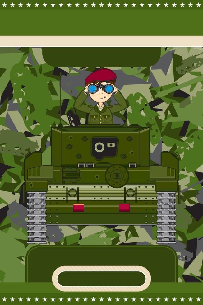 Cute Cartoon Army Soldier with Binoculars in Armoured Tank Military History Illustration vector