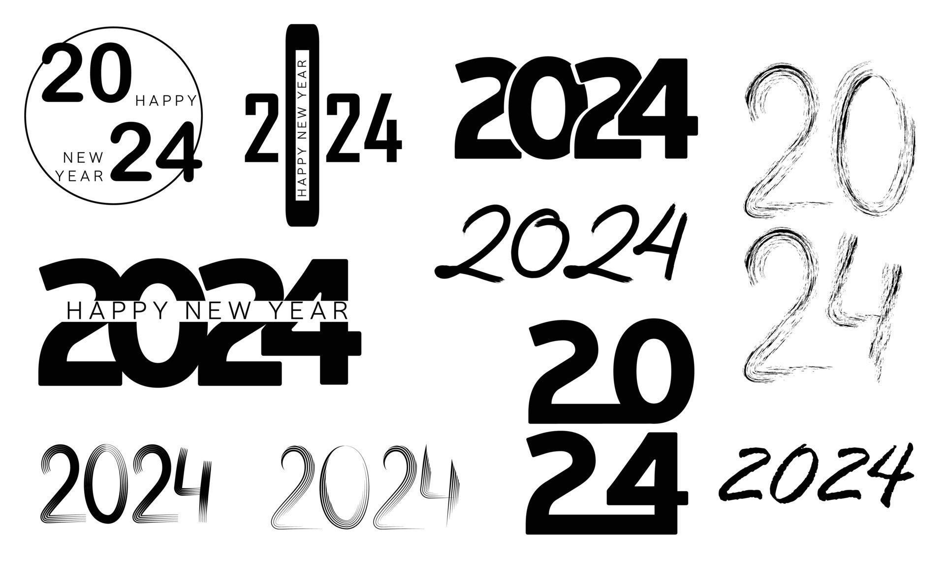2024 year collection handwriting symbols. Happy new year 2024 set