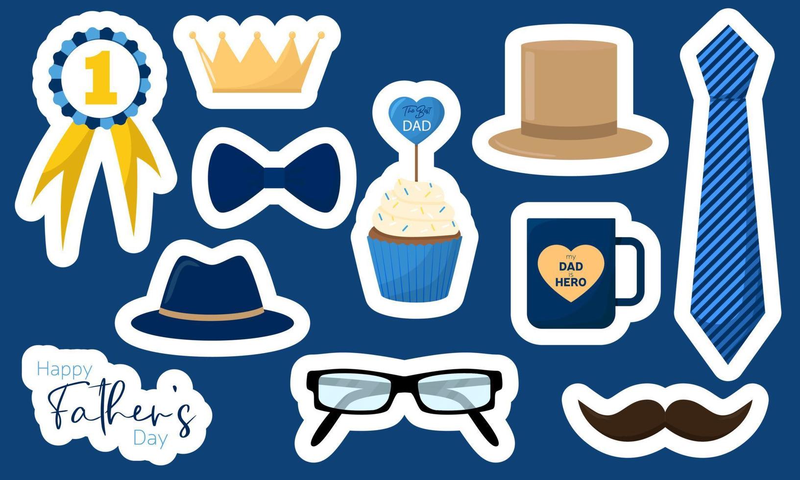 conjunto de pegatinas para contento padres día. acortar Arte para padre día. sombrero, Bigote, corona, magdalena, taza, atar. vector